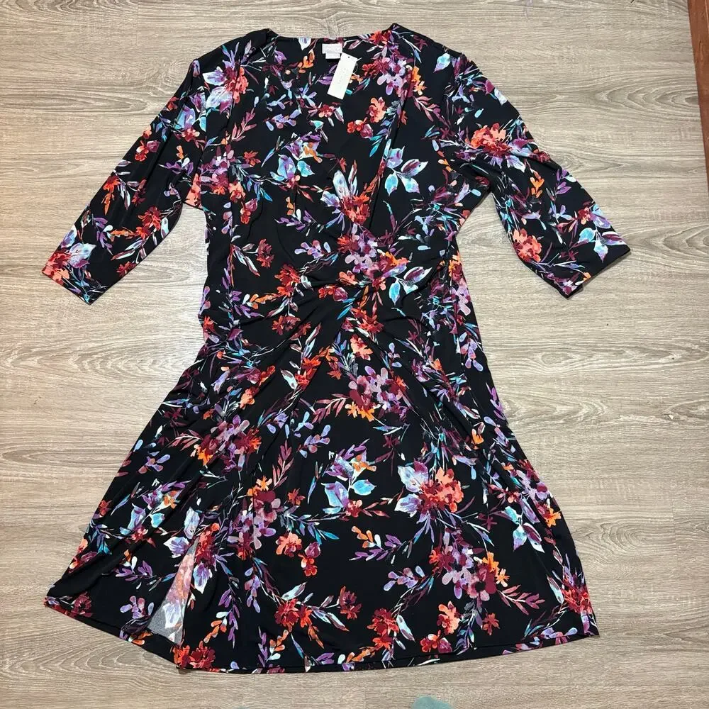 Chico’s NWT Floral Faux Wrap Dress Sz 4 (20-22) Black Multicolor 3/4 Sleeve - Picture 3 of 7